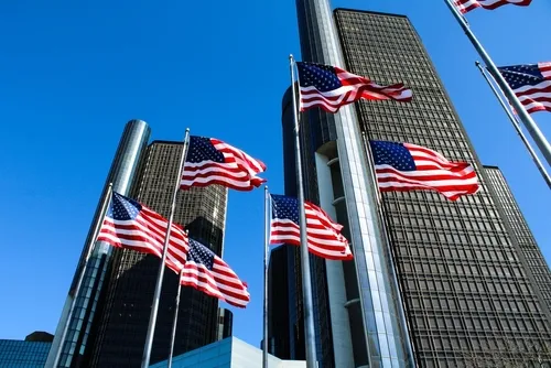 Detroit Renaissance Center with Flags Outside
