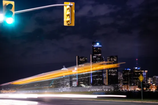 Downtown Detroit at Night, Car Racing By